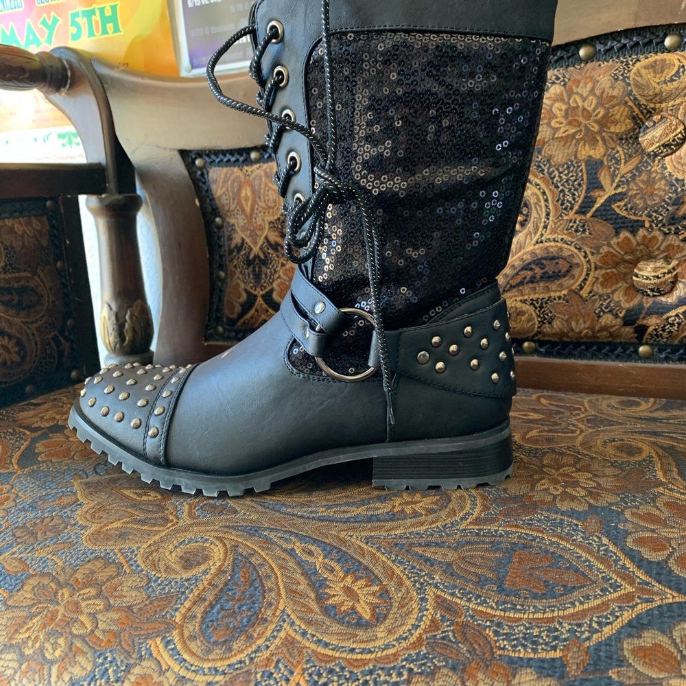 STUD SEQUIN BIKER BOOT